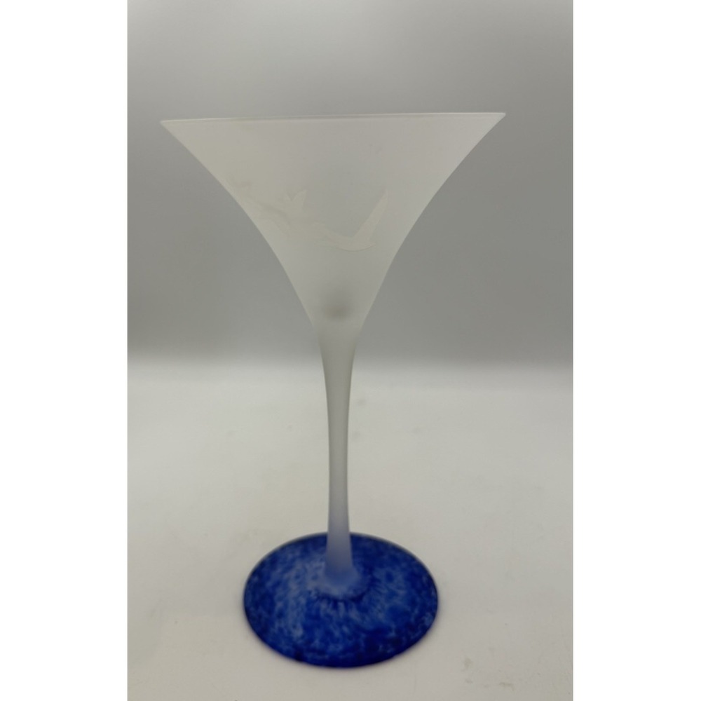 Grey Goose Frosted Martini Glass Blue Base Etched Flying Geese Cocktail Glass